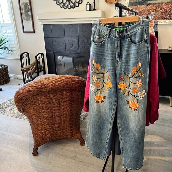 Sandrine Rose Jeans Womens Size 25 Floral Embroidered Wide Leg 100% Cotton - Picture 16 of 16